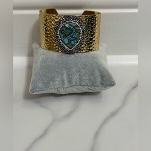 Imported Gold Tone Hammered Mosaic Turquoise Bracelet with Swarovski Crystals